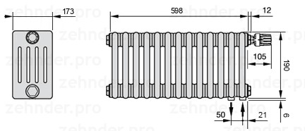 Схема (чертеж) Радиатор Zehnder Charleston 5019/13 №V002 Белый глянцевый RAL 9016